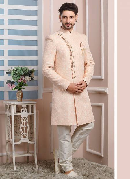 Peach Colour Party Wear Mens Jaquard Silk Indo Western Collection 1674